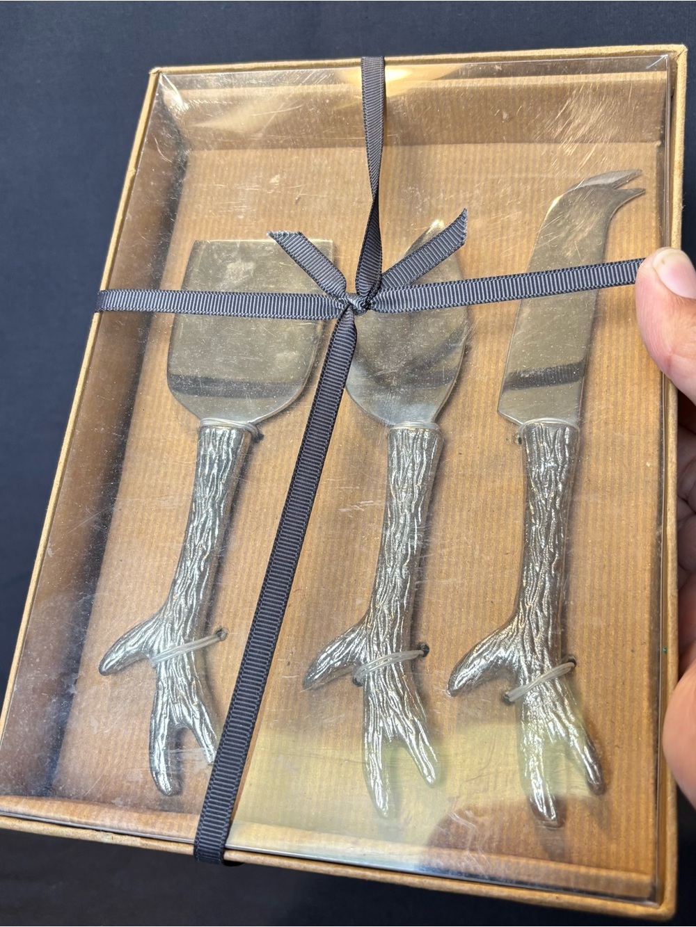 Pottery Barn Horn Antler Rustic Twig Handle Cheese Knife Set - Silver